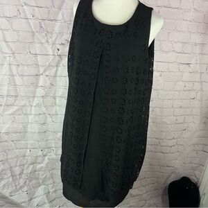 Neiman Marcus Black Eyelet layered shift Dress sz L sleeveless minimalist